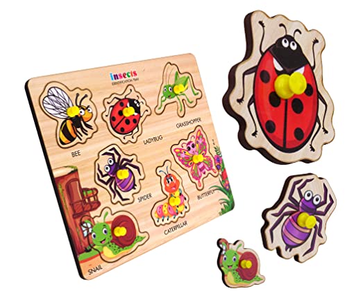 Image of Insects Wooden Puzzle - Montessori Educational Wooden Jigsaw Board for Toddlers & Kids Ages 2-5 - Early Learning Bug Identification & Fine Motor Skills Toy