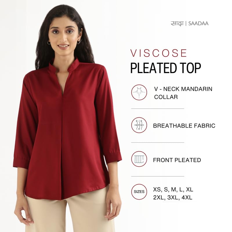 Image of SAADAA Top for Women, Viscose Pleated Tops, V-Neck with a Collar, 3 /4 Sleeve Length, Office & Casual Wear