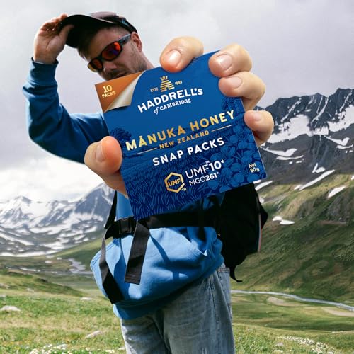 Image of Haddrell's of Cambridge Manuka Honey Snap Packs UMF 10+ MGO 261+ • New Zealand Monofloral Manuka Honey • Portable Single Serve Sachets for Immunity, Energy & Wellness • 10 x 8g, 2.82 oz ℮ 80 g