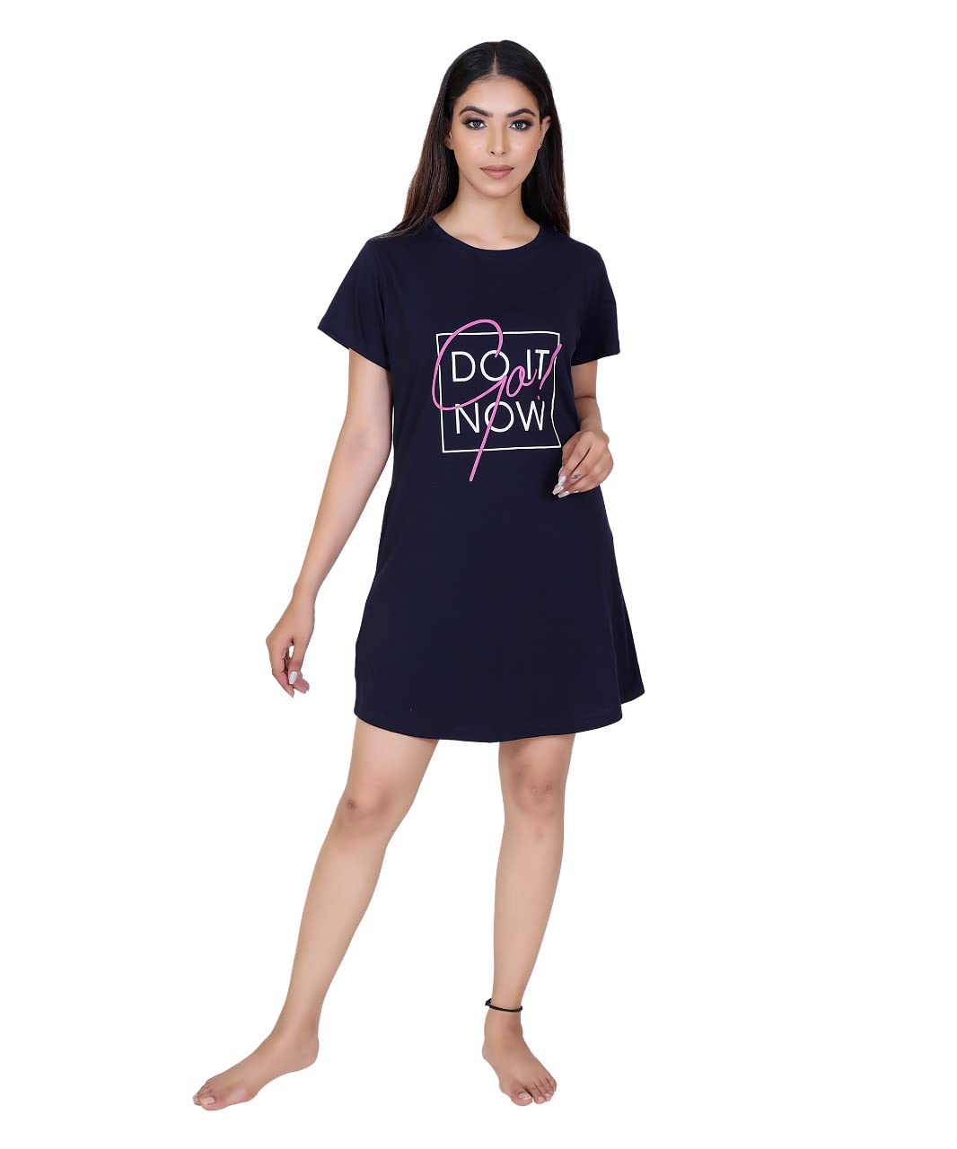 Genericdiscoveryline Women's Cotton Regular Fit Half Sleeves Printed Stella Long T-Shirt for Women and Girls (Navy Blue)