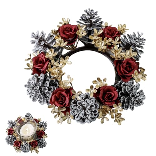 Pine Cone Candle Rings with Gold Flower & Red Rose - Christmas Centerpiece for New Year Table & Wall Decoration