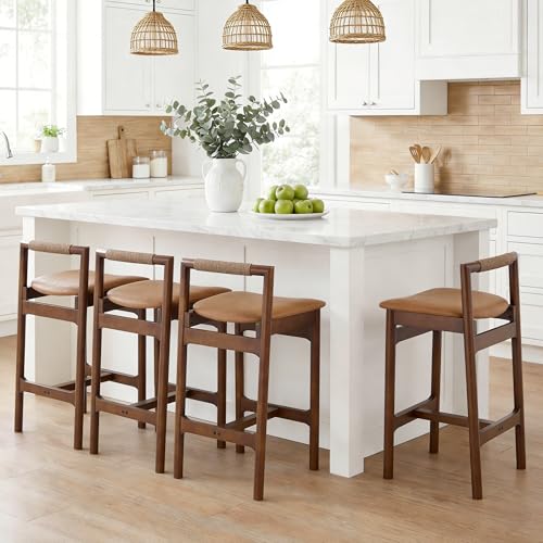 Image of Zesthouse Wood Bar Stools Counter Height Set of 2, 26 inch Mid Century Modern Kitchen Island Chairs with Woven Paper Cord Accent Backs & Solid Wooden Legs, Boho Counter Stools, Brown Leather+Walnut Finish