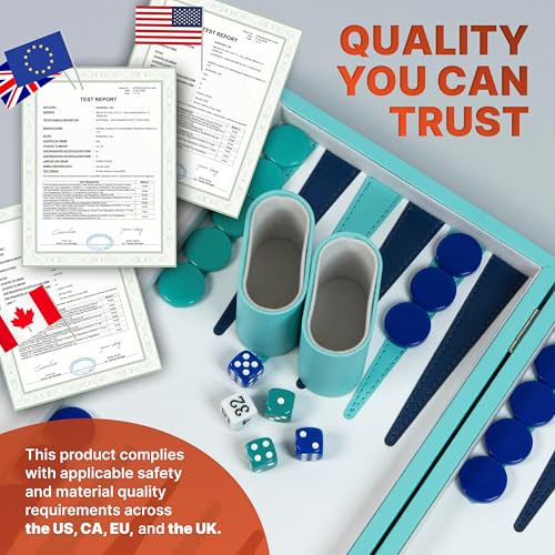 Image of Large Turquoise Backgammon Set for Adults - Classic Board Game for 2 Players Adults and Kids - Premium 15 Inch Backgammon Board with 32 Playing Pieces in Quality PU Leather Case