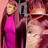 usmoother 99j Burgundy Lace Front Wigs Human Hair 28 inch 13x6 Lace Front Wigs Human Hair Straight Red 200 Density HD Lace Front Human Hair Pre Plucked Pre Cut Glueless Wigs Colored For Black Women