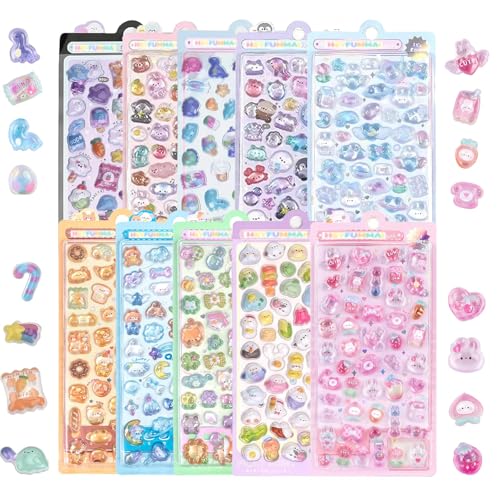Nymora Set de 10 Mini Stickers, Kawaii Déco Stickers Mignons Animaux, Sticker Tiny 3D pour Carnet de Stickers & Washi, Autocollant Étanche pour Scrapbooking