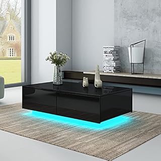 AWOOD LED Coffee Table for Living Room, Modern Side Table Wooden Centre Table, Black High Gloss Coffee Tea Tables with 4 Drawers Storage for Home Office Furniture