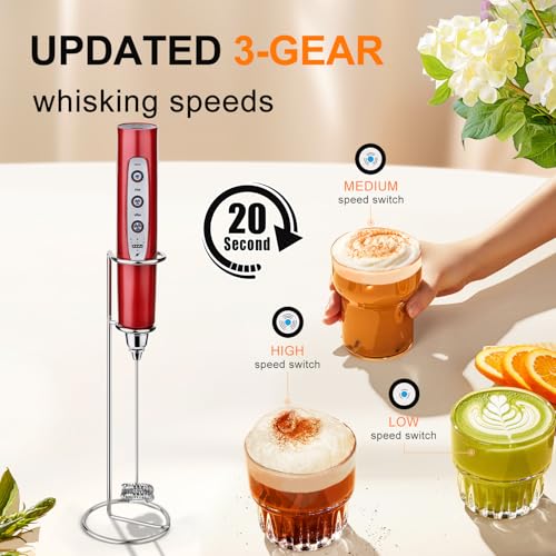 Image of YUSWKO Red Rechargeable Milk Frother for Coffee with Stand, Handheld Drink Mixer with 3 Heads 3 Speeds Electric Stirrers for Latte, Cappuccino, Hot Chocolate, Egg