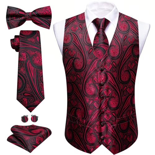 Image of Barry.Wang Men's Suit Vest Tie Bowtie Set Formal Silk Paisley Waistcoat Hanky Cufflinks Lapel Pin Set Wedding Party 7PCS