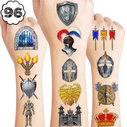105PCS Medieval Knight Temporary Tattoos Stickers Theme Birthday Party Decorations Supplies Favors Decor Brick Stone Crown Castle Soldier Tattoo Sticker Gifts For Boys Girls Class Prizes Carnival