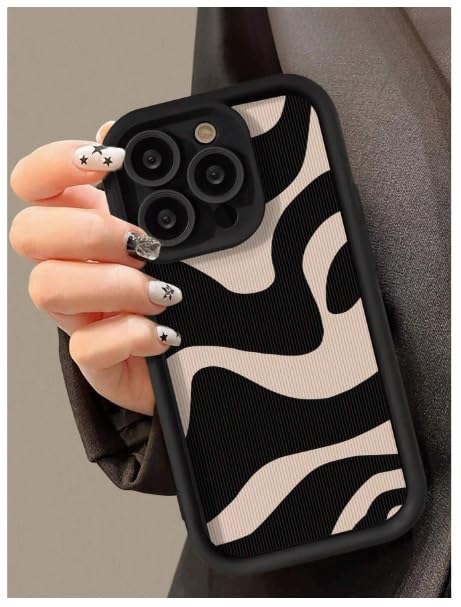 Image of COVERLY Abstract Wave Back Case Cover for iPhone 12 Pro | Hot 3D Wavy Zebra Cute Design | Camera Lens Protection | Soft TPU Silicone Aesthetic Print Cover for Girls & Women (Black & Beige, Shockproof)