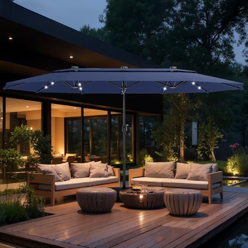 MFSTUDIO 15FT Large Patio Umbrella with Base & 36 Solar LED Lights, Double Sided Outdoor Umbrella for Pool Garden Backyard, Navy Blue