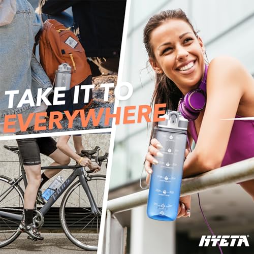 Image of Hyeta Plastic Water Bottle With Straw & Time Marker, 32oz Leakproof Jug | Motivational Tritan BPA Free Gym Office Outdoor Intake Tracker Hourly Reminder Straw Lid Lightweight