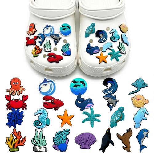GWEOR Charms para Zuecos Animales Marinos - Juego de 23 Piezas, PVC Impermeable, Decoración para Crocs, Regalo para Niños Amantes del Mar