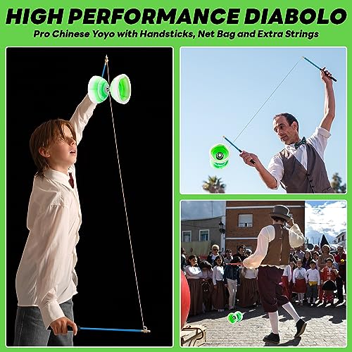 Image of MAGICYOYO Pro Triple Bearing Diabolo Medium Size 5 inch Blue Chinese Yoyo Toy with 2 Pair Carbon Sticks+ 2 Extra Strings +1 Net Bag, High Performance Chinese Yoyo Diabolo Skill Toy - Green White
