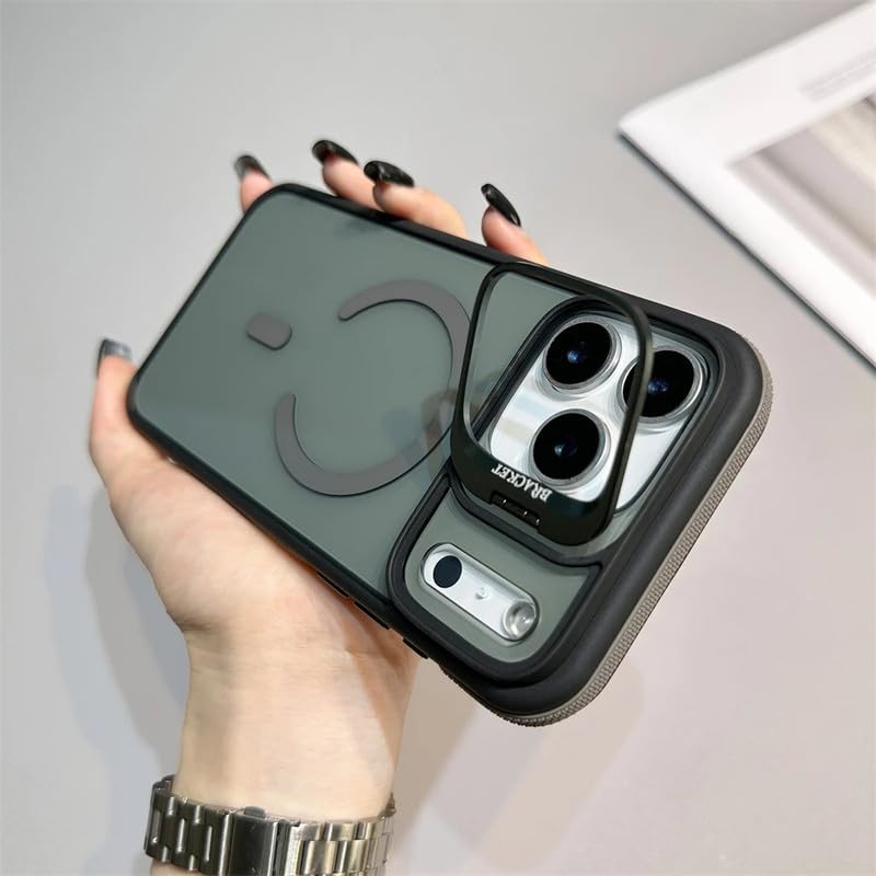 Image of LuxuryKase Smoked Clear MagSafe Case for iPhone 17 Pro | Metal Camera Guard Kickstand | Rugged Grip Edge | Hard PC Back + Soft TPU | Wireless Charging Support - Grey