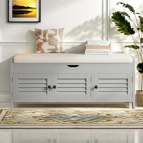 YLSZHY Scarpiera con sollevatore idraulico, scarpiera da ingresso in legno con 3 ante e sedile imbottito, scarpiera per soggiorno, camera da letto, ingresso (grigio)