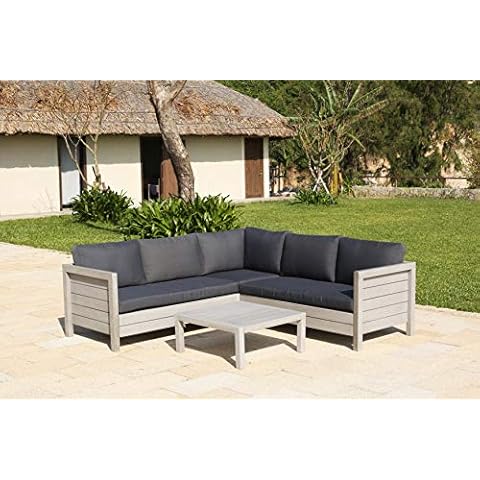 Backyard Furniture Lodge - Chunky FSC Solid Hardwood Greywash Corner Lounge Set with Thick Cushions, Grey, 240x240x65 cm Cover