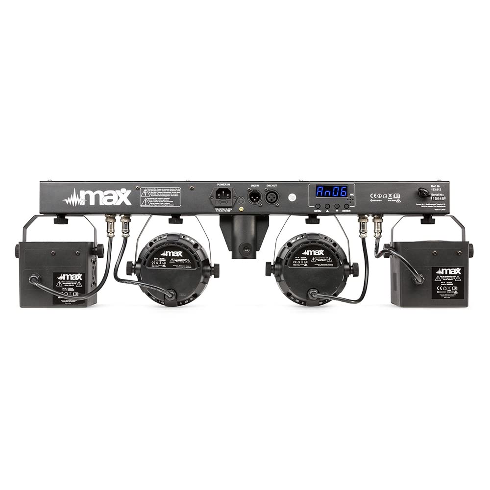 Max PARTYBAR12 2x PAR + 2x Derby, Mode DMX ou Auto, Télécommande et Programmes Automatiques, Pied Inclus, Shows Préprogrammés, Effets Professionnels pour vos Soirées