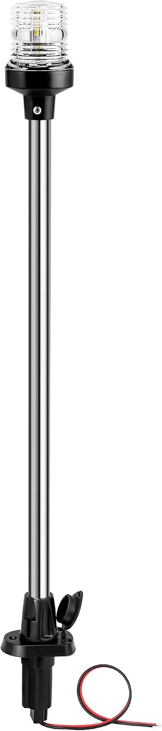 MARINE SYSTEM Boat Stern Lights, Pole 24" LED Anchor Light with Base, 12V 3NM 360° Navigation Lighting for Pontoon, Yacht, Bass, and Fishing Boats (Silver-Stainless Steel Tube)