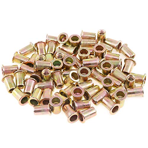 Keadic 150Pcs M6 Rivet Nuts Metric Zinc Plated Rivet Nut Carbon Steel Rivet Nut Flat Head Threaded Insert Kit Threaded Rivet Insert Nutsert Rivnuts Kit for Furniture