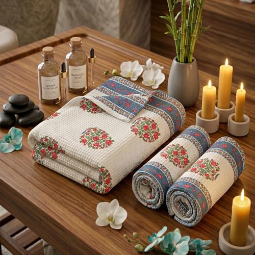 Image of Mafatlal Madhuban Bath & Hand Towel Set (1 Bath 147x76 cm + 2 Hand 76x38 cm) | 250 GSM | Hand Printed Floral Waffle Cotton | Oil Yellow