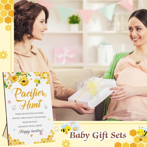 Image of Thyle 51 Pcs Mini Pacifier Baby Shower Game Sign Sweet As Can Bee Decor Yellow Bee Theme Hunt Include Wooden Hunt Sign and 50 Acrylic Pacifier for Honey Party Baby Shower Game Gender Reveal Decor