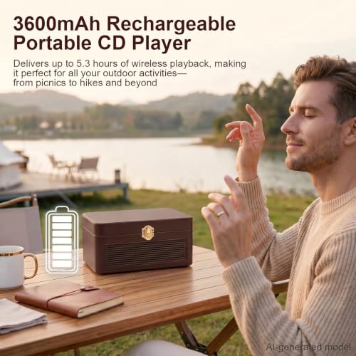 Image of Gueray CD Player Portable Bluetooth: Retro CD Players with Speakers Vintage CD-Player 3600mAh Rechargeable & Radio & Remote Control Support USB /AUX Playback Headphone Jack (Brown)
