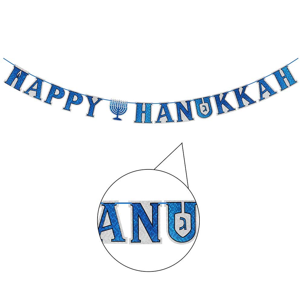 Zion Judaica Happy Hanukkah Holographic Letter Banner on Ribbon 75''