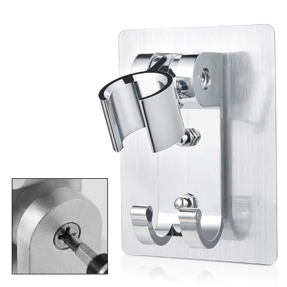 AKAZI Verstellbarer Duschkopfhalter Wandhalterung mit 2 Aufhängerhaken, Aluminium Super Heavy Duty Strong Adhesive für Badezimmer
