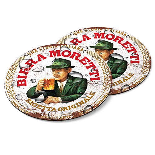 Two BIRRA MORETTI Wooden Coasters Mancave Vintage Retro Wood Bar Pub Wall Round Coaster