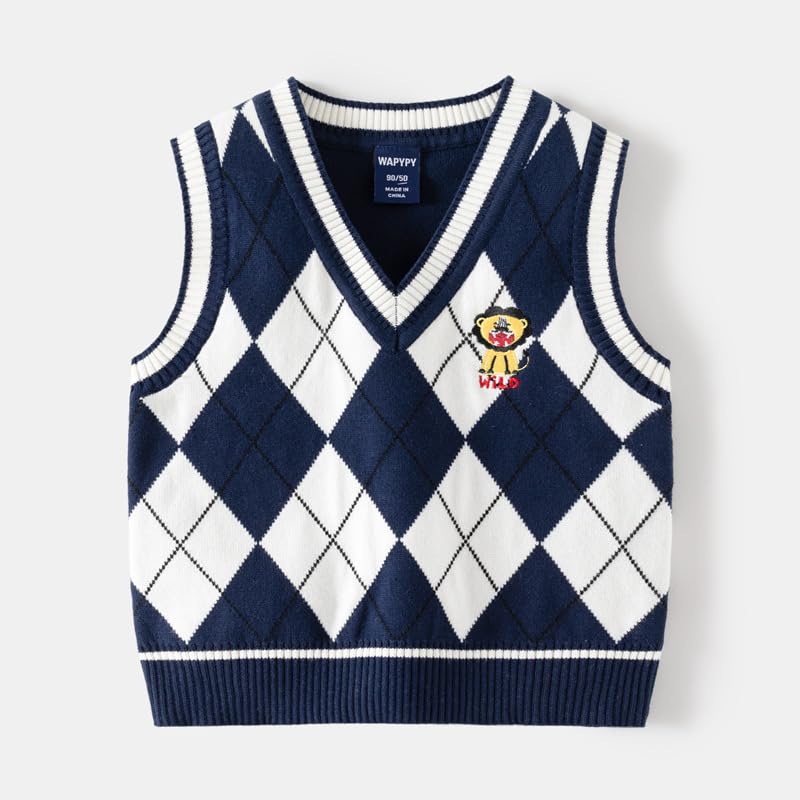 Unisex Baby Boys Plaid Sleeveless Sweater Tops Comfort Cotton V-Neck Waistcoat Vest Fall Winter Outfit Clothes (Blue,100/2-3 Y,Unisex,Big Kid,US,Age,2 Years,3 Years)