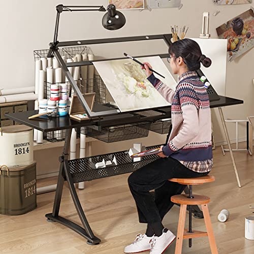 Waful Mesa De Dibujo De Dibujo De Dibujo De Altura Ajustable, Mesa De Arte, Manualidades, Escritorio, Mesa De Vidrio Inclinable, Mesa De Trabajo, Mesa De Artista, 2 Cajones De Almacenamiento Para