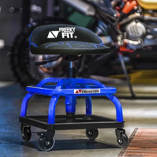 Image of Rolling Shop Stool with Wheels, Garage Work Mechanic Stool with Backrest, Roller Mechanic Chair, Adjustable Height, 360 Swivel, Tool Tray Storage, 330 LBS Capacity, Heavy Duty, Blue