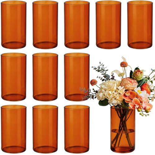 TBWIND 12pcs 6 Inch Amber Glass Cylinder Vases for Centerpieces