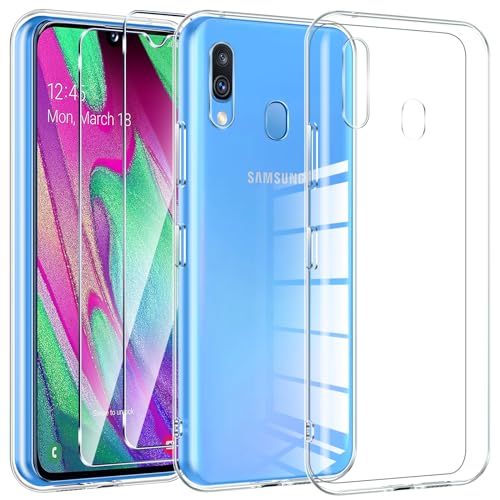 Kokio Crystal Clear Funda para Samsung Galaxy A40 con 2 Protectores de Pantalla,Ultrafino Suave Transparente Funda Protectora de Silicona TPU,Antiarañazos y Antiamarilleo