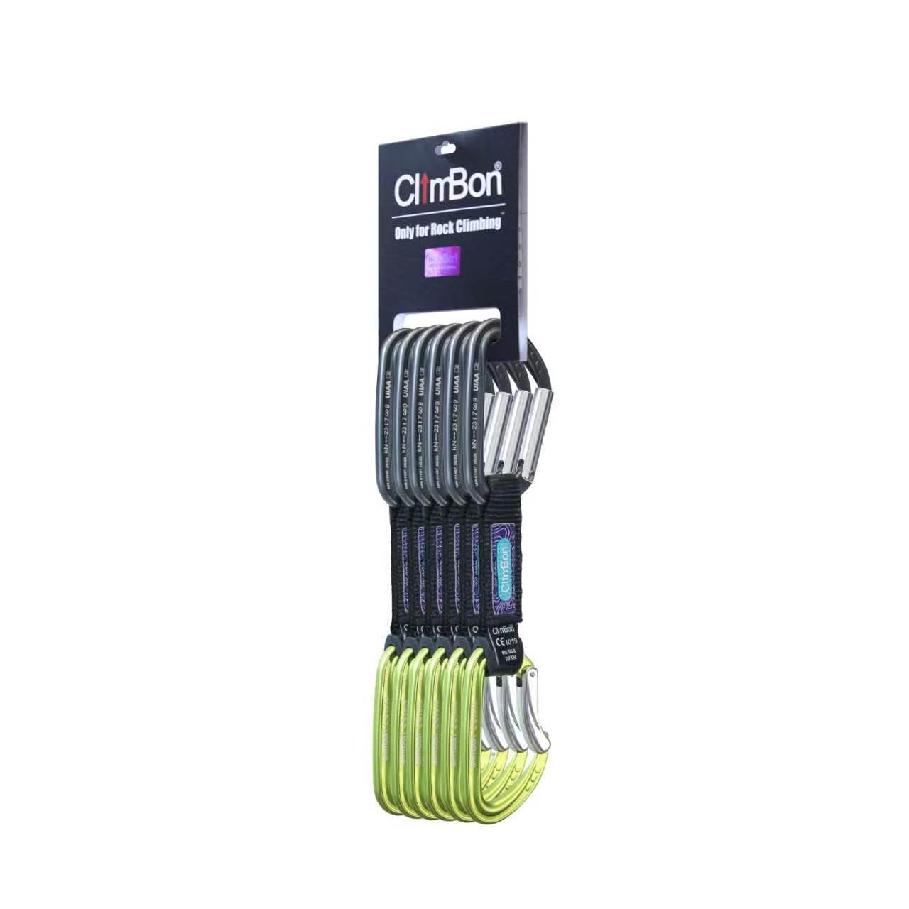 ClimBon Juego de 6 mosquetones con eslinga, certificado UIAA y CE, para escalada deportiva, montañismo, color verde o gris, 12 cm/18 cm de longitud