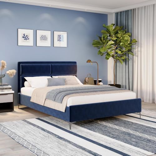 Image of Wakefit Bed | Queen (78 X 60) Solid Wood Bed, Upholstered, Without Storage, 3 Year Warranty - Zewail - Velvet Blue