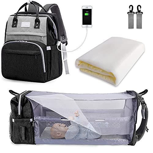 SNDMOR-Mochila para pañales de bebé de gran capacidad, para cuna de viaje, plegable, organizador de mochila para pañales de cuna multifuncional con cambiador de pañales（color gris oscuro）