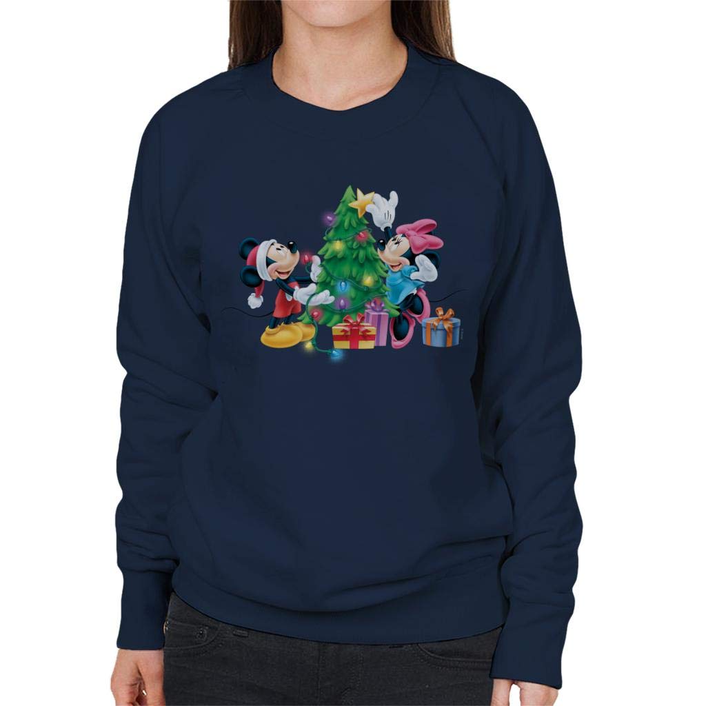 Disney Women's Navy Blue Christmas Tree Mickey & Minnie Mouse Sweatshirt