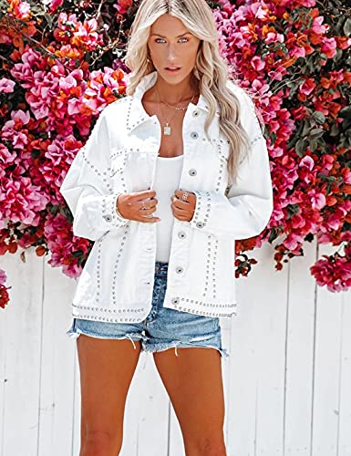 Fhniepan Women's Oversized Denim Jacket Studded Rivet Boyfriend Long Sleeve Loose Jean Trucker Jackets Coat With 4 Pockets(White,L) #TOP7