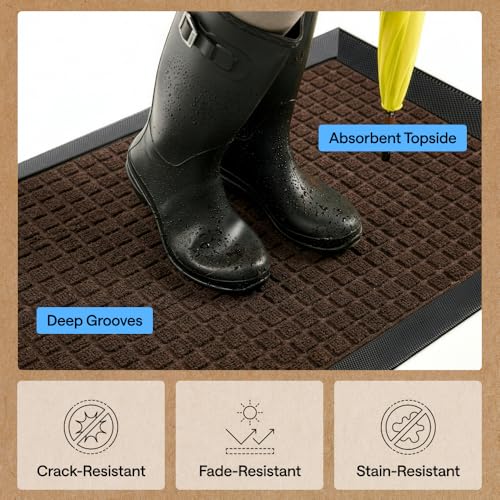 Image of GORILLA GRIP WeatherMAX Door Mat, Indoor Outdoor, 60x24, Dark Brown Squares