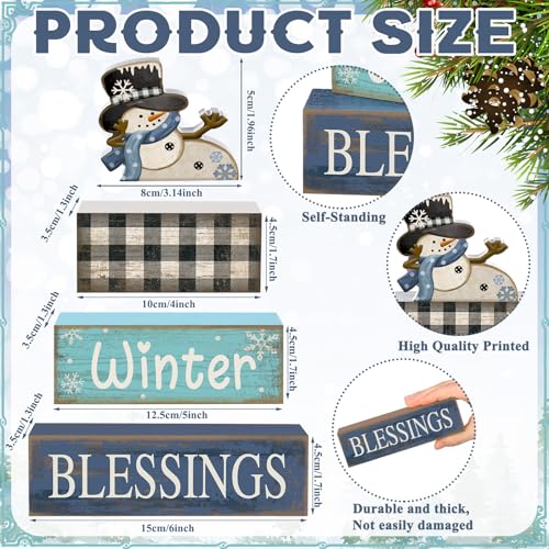Image of Moucuny 4 Pcs Winter Table Decorations Playful Snowman Decor Indoor Winter Tiered Tray Decor Rustic Wooden Decorative Snowman Block Sign Gift Snowflake Centerpiece Farmhouse for Home Kitchen