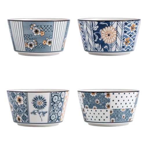 TuYines Juego de 4 Cuencos de Cerámica, Pintados a Mano, Duraderos, Perfectos para Arroz, Sopa, Ensalada o Postre, 4.5 Pulgadas de Diámetro, 2.5 Pulgadas de Altura, Lavavajillas Seguros