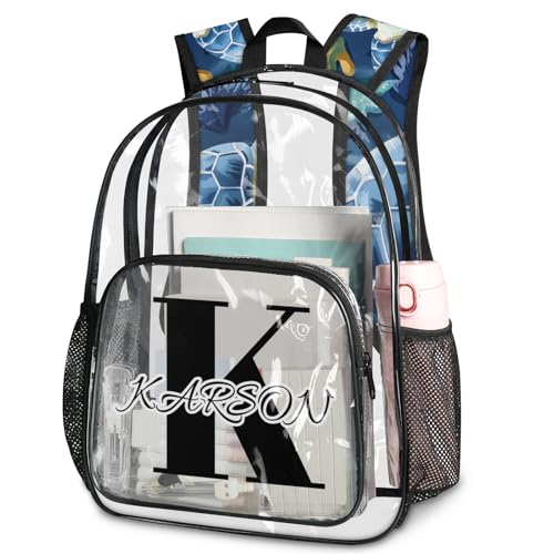 Personalized Large Clear Backpack Stadium Approved Heavy Duty PVC Plastic Custom Sea Turtles Transparent Backpacks See Through Bag with Name, Beach Theme