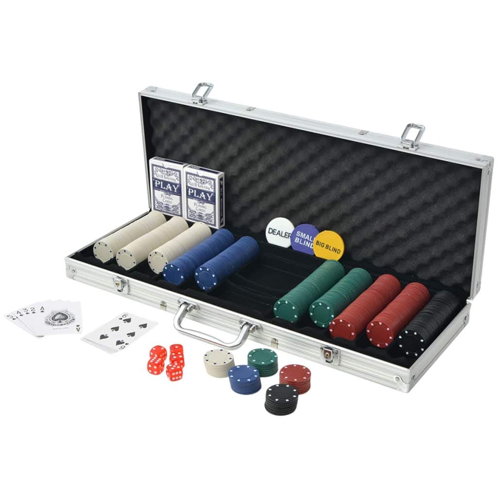 Set de Poker Profesional para Juegos con Amigos - Incluye 5 Dados de Casino, 2 Barajas, Botones de Ciega y 500 Fichas en Maletín de Aluminio