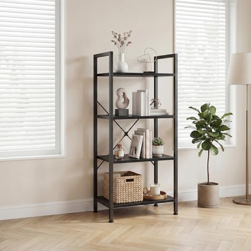 Image of DUMOS 4 Tiers Bookshelf, Classical Book Shelf, Tall Display Shelves in Living Room /Home /Office, Storage Organizer for CDs /Books /Movies, Freestanding Storage Decor Organizer, Black