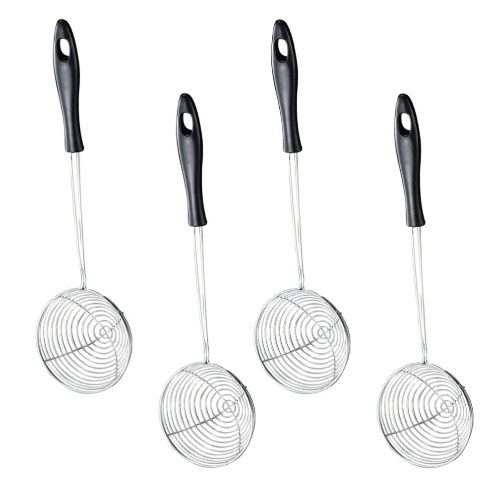 BESTonZON Basket Strainer 4pcs Stainless Steel Spider Strainer Skimmer Spoon Hot Pot Strainer Scoop Pasta Noodle Dumpling Strainer Spoon for Kitchen Cooking Frying (Black) Stainer Steel Strainer