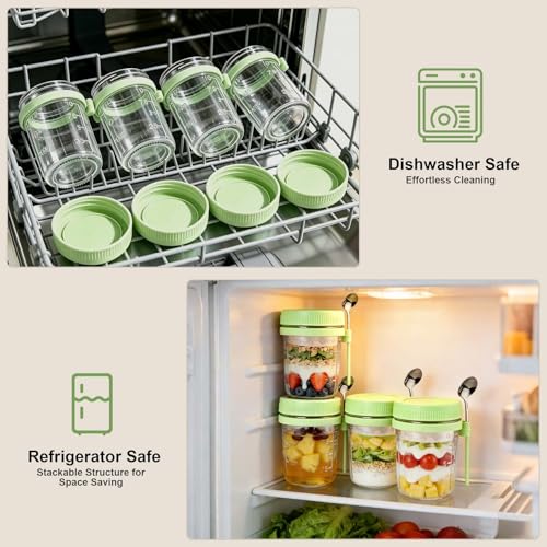 Image of 6 Pack Green Overnight Oats Containers with Lids & Spoon - 16 oz Glass Mason Jars with Separate Divider Leakproof Sugar Packet Holders Chia Yogurt Parfait Cups for Oatmeal Cereal Meal Prep