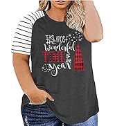 Plus Size Merry Christmas T-Shirt Women Xmas Buffalo Plaid Tree Shirt Tops Short Sleeve Casual Gr...