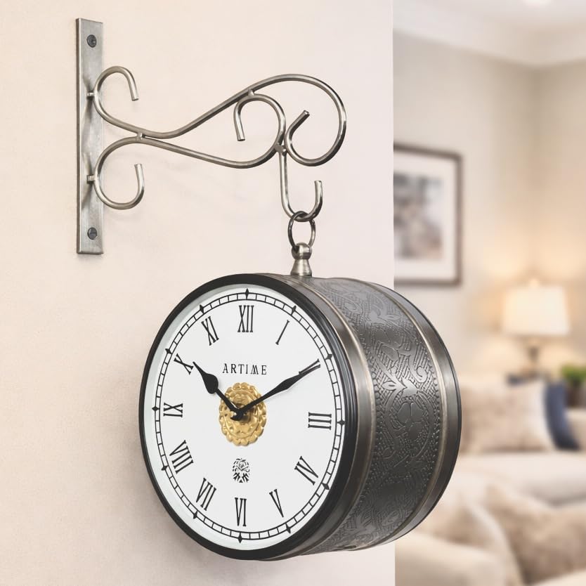 Image of Handcrafted Double Side Metal Analog Vintage Wall Clock | 1.5 Year Machine Warranty | 8 Inchs |1 Side Number & 1 Side Roman Numeral | Black Finish